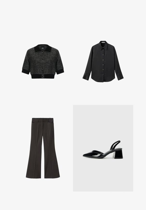 Korte zwarte cardigan met een gestructureerde kraag, ronde knopen en een textuurstof. Geknipte mouwen en een effen zwarte zoom maken het ontwerp compleet.; Zwarte lange mouwen shirt van gladde stof, met een klassieke kraag, een sluiting met knopen aan de voorkant met gouden knopen en brede manchetten.; Zwarte flared broek met een hoge taille; beschikt over twee voorkeurszakken en een gladde stoftextuur. Geschikt voor verschillende gelegenheden.; Zwarte gepatineerde leren slingback hakken met een spitse neus en een geometrische blokhak. Kenmerkt zich door een slank, minimalistisch ontwerp en een gladde textuur.