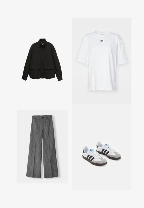 Mustan takki, jossa on korkea kaulus, etuvetoketju ja kaksi suurta läpällistä taskua. Valmistettu sileästä, kevyestä kankaasta, jossa on rento malli.; Valkoinen lyhythihainen t-paita, joka on valmistettu puuvillasta. Siinä on pyöreä kaula-aukko ja pieni musta Adidas-logo rinnassa. Suora helma.; Harmaat leveät housut, joissa on pinnastripe-kuvio, napilla suljettavat ja kaksi etutaskua. Valmistettu tekstuuripinnoitteisesta kankaasta.; Urheilukengät, joissa on valkoinen nahkainen päällinen, harmaa mokkanokka ja kolme mustaa raitaa. Ominaisuuksina sininen logo kielekkeessä ja kuvioitu kumipohja.