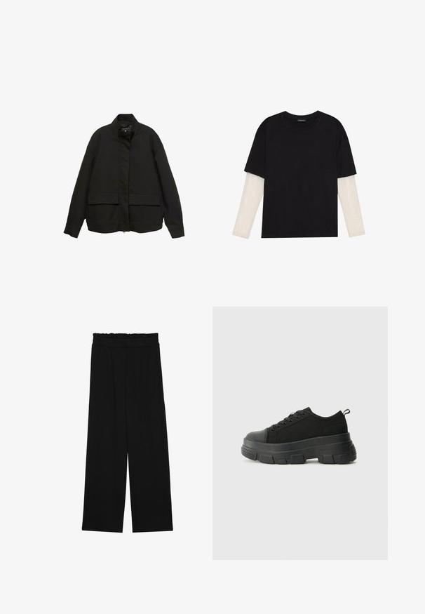 Mustan takki, jossa on korkea kaulus, etuvetoketju ja kaksi suurta läpällistä taskua. Valmistettu sileästä, kevyestä kankaasta, jossa on rento malli.; Mustapaita, joka on valmistettu puuvillasta ja jossa on lyhyet hihat valkoisen pitkähihasen kerroksen päällä, jossa on hienovarainen teksturoitu kuvio. Pyöreä kaula-aukko.; Musta leveälahkeinen housut, joissa on röyhelövyötärö, kaksi sivutaskua ja sileä, kevyt kangas. Ei näkyviä kuvioita tai metalliosia.; Mustat urheilukengät, joissa on paksu kumipohja, teksturoitu kangasvarsi, pyöreä kärki ja nauhalukitus. Varusteena vahvistetut nauhareiät ja takana vetotanko.