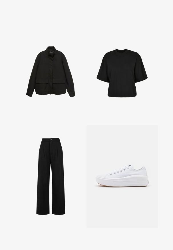 Schwarze Jacke mit hohem Kragen, Frontreißverschluss und zwei großen Klappentaschen. Aus einem glatten, leichten Stoff gefertigt und mit einer lockeren Passform.; Schwarzes, kurz geschnittenes T-Shirt aus Baumwolle. Hat kurze Ärmel und einen runden Halsausschnitt. Glatte Textur mit einem schlichten Design, ohne zusätzliche Muster.; Schwarze weite Hose mit vorderen Falten, einem Knopfverschluss und einer glatten Textur. Das Design zeichnet sich durch eine hohe Taille und ein langes Bein aus.; Weiße Segeltuch-Sneaker im Low-Top-Design, mit Gummikappe und strukturiertem Plattformsohlen. Verfügt über sechs Ösen und tonale Nähte.