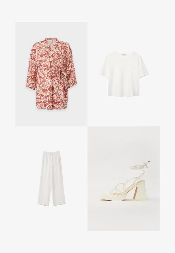 Rdeče in smetankovo obarvano kimono s tremi četrtinami rokavi, zavezovanjem v pasu in cvetličnimi motivi po celotni tkanini.; Bela kratka majica s kratkimi rokavi iz bombaža. Ima okroglo izrezovanje in sproščen kroj. Gladka tekstura brez vidnih vzorcev ali poudarkov.; Bele široke hlače iz lahkega materiala. Imajo elastičen pas s vrvico in stranske žepe. Gladka tekstura.; Bela sandala na visokih petah s debelim petam, ki ima obliko trakcev in vezanje okoli gležnja. Gladka tekstura z platformo spredaj za dodatno višino.
