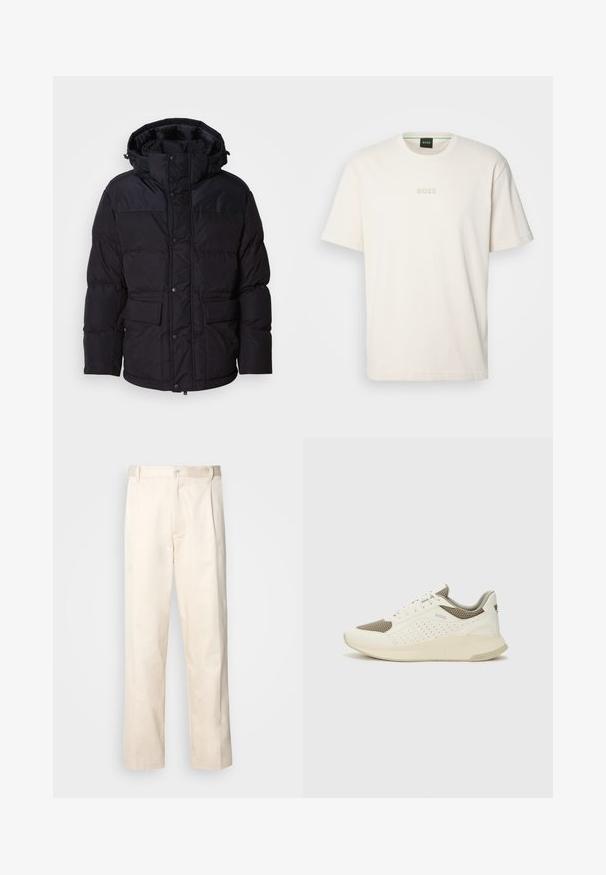 Casaco puffer preto com capuz, apresentando fecho de correr e botão de pressão, duas bolsos frontais e textura acolchoada.; BOSS TEE - T-shirt básica - open white; Calças de algodão bege com corte reto, apresentando um fecho de botão e pregas na frente para um detalhe adicional.; Sapatilha atlética branca e bege claro, com parte superior em malha, detalhes perfurados e uma entressola texturizada com marcação no calcanhar.