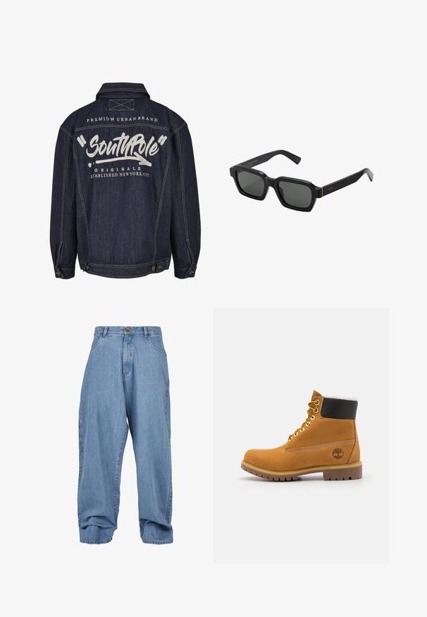 Southpole Traper jakna - raw indigo; Bijela polo majica od pamuka. Ima klasičan ovratnik, placket s tri gumba i kratke rukave. Diskretni logo izvezen na prsima.; Svijetloplave traperice s opuštenim krojem, kopčanje na gumb, prednji džepovi i manžetna, s klasičnim dizajnom od pet džepova.; Smeđi kožni gležnjača sa metalnim okovima, bijelim krznom obloženim unutrašnjim dijelom, crnim podstavljenim okovratnikom, robusnom potplatom i utisnutim logoom na strani.; Crne, četvrtaste sunčane naočale s sivim lećama. Debeli plastični okviri imaju zlatne naglaske i brendiranje na sljepoočnicama. Glatka tekstura.