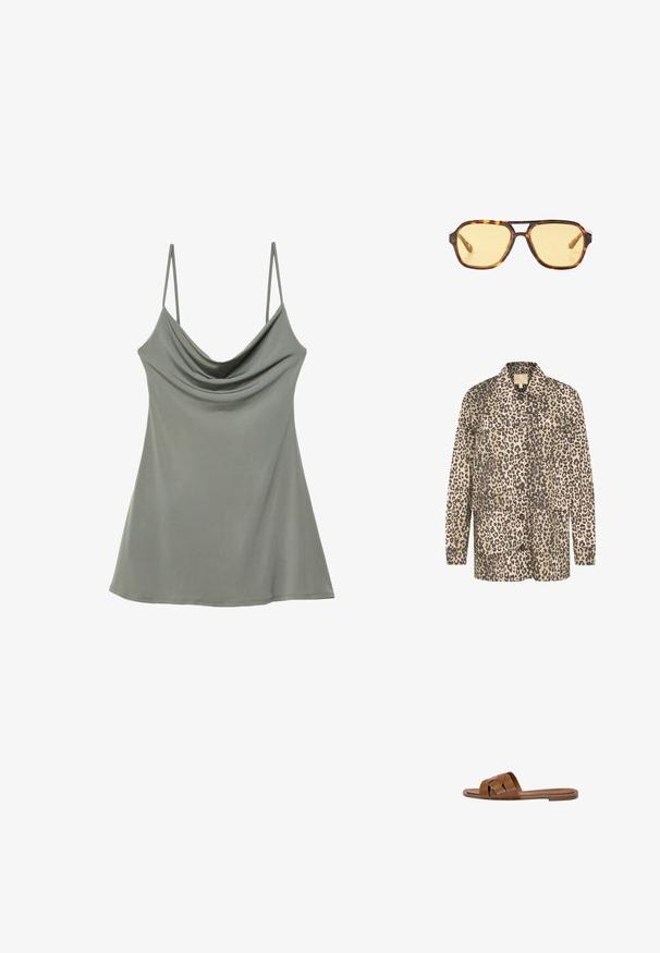 Giacca camicia con stampa leopardata in beige e marrone scuro. Presenta due tasche frontali, chiusura a bottoni e una vestibilità rilassata. Realizzata in tessuto morbido.; Top canotta grigio chiaro drappeggiato, con sottili spalline regolabili, realizzato in tessuto morbido, caratterizzato da una vestibilità morbida e una texture liscia.; Sandalo in pelle marrone con fasce incrociate, suola piatta e una texture liscia. Design semplice senza decorazioni o motivi.; Occhiali da sole tartarugati con design geometrico, lenti gialle e dettagli in metallo sulle tempie. Montatura ampia e texture opaca.; Borsa a tracolla in pelle marrone con motivo logo, tracolla in catena dorata, chiusura con zip e dettagli in metallo dorato. Forma compatta e rettangolare.