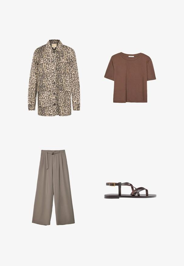 Jakna košulja s uzorkom leoparda u bež i tamnosmeđoj boji. Sadrži dva prednja džepa, zatvaranje na dugmad i opušteni kroj. Izrađena od mekanog materijala.; Smeđi kratki rukav majica od mekog materijala, s okruglim izrezom i opuštenim krojem. Nema vidljivih uzoraka ili naglasaka.; Široke hlače u mekoj, prigušenoj sivoj tkanini, s remenom na struku i plisiranim detaljima za dodatni dizajn. Glatka tekstura, bez uzoraka.; Smeđe kožne sandale s iskrižanim trakama, umetkom za zapešće s kopčanjem i ravnim potplatom s minimalnim detaljima šivanja.