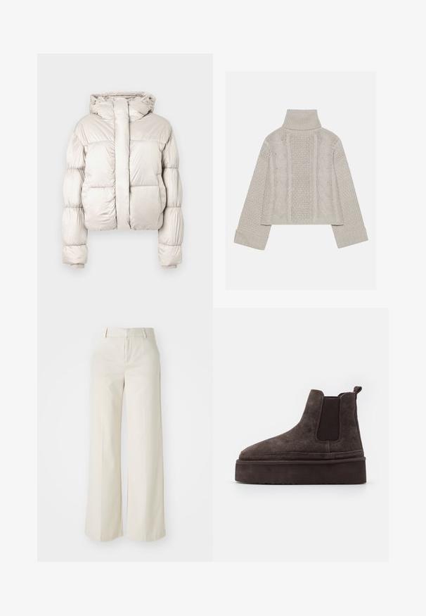 Light beige puffer jacket with hood, long quilted sleeves, front zipper covered by a wide flap, and ribbed cuffs.; Cropped, light gray knit sweater with a high collar and ribbed cuffs, featuring textured cable patterns down the back and sides.; Wide-leg trousers in a light beige color, made of a smooth fabric. Features a classic waistband and flat front with clean lines.; Brown suede Chelsea boots with elastic side panels and a thick, textured platform sole. Features a pull tab at the heel for ease of wear.