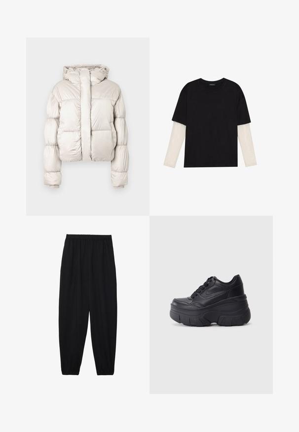 Chaqueta acolchada color beige claro con capucha, mangas largas acolchadas, cremallera frontal cubierta por una ancha solapa y puños acanalados.; Camiseta negra de algodón, con mangas cortas sobre una capa blanca de manga larga con un patrón texturizado sutil. Diseño de escote redondeado.; Pantalones negros, ligeros, con cintura elástica y tobillos fruncidos. La tela es suave y presenta un diseño relajado y ajustado.; Zapatillas negras con cordones y suela gruesa, con parte superior de cuero suave, punta redondeada y un diseño de plataforma en capas distintivo.