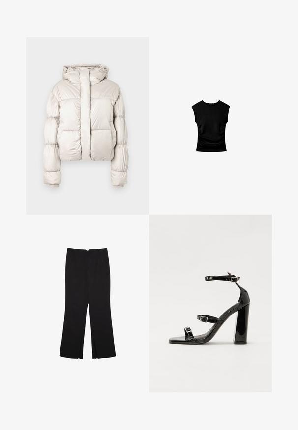 Vaaleanbeige untuvatakki, jossa huppu, pitkät tikatut hihat, edessä vetoketju, jonka päällä on leveä läppä, ja resorireunukset.; Mustapaitainen lyhythihainen paita, jossa on tyköistuva siluetti, kerroksittain muotoiltu sivuosa ja sileä, joustava kangas mukavuutta varten.; Mustat housut suoralinjaisella leikkauksella, joissa on etutaskut ja sivurei'ät helman alla. Valmistettu pehmeästä ja sileästä kankaasta. Sopii eri tilaisuuksiin.; Musta kiiltävä korkokenkä sandaalit neliönmuotoisella varpaalla, nilkkaremmillä ja hopeisilla soljilla. Varustettu tukevalla lohkokorkealla vakauden takaamiseksi.