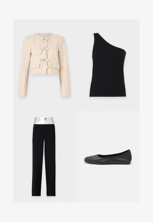 Cropped beige jacket with long sleeves, featuring four fabric bows and large gold buttons, complemented by two front pockets. Smooth texture.; One-shoulder black ribbed tank top with a fitted design and soft texture. Features a clean, minimal cut and smooth neckline.; Black trousers with a shiny silver waistband. Features a button closure and four pockets, with a tailored fit and a straight leg design.; Black leather ballet flat with a rounded toe, smooth texture, minimal stitching detail, and a flexible sole design.