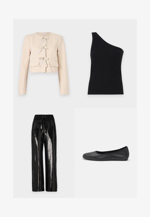Beige, kurz geschnittene Jacke mit langen Ärmeln, ausgestattet mit vier Stoffschleifen und großen goldenen Knöpfen, ergänzt durch zwei vordere Taschen. Glatte Textur.; Schwarzes, geripptes Tanktop mit einem Schulterdesign, tailliert und aus einem weichen Material gefertigt. Es hat einen klaren, minimalistischen Schnitt und einen glatten Halsausschnitt.; Schwarze Pailletten-Hosen mit weitem Bein und elastischem Bund mit Kordelzug. Der Stoff hat eine reflektierende, glänzende Textur.; Schwarze Leder-Ballettschuhe mit abgerundeter Spitze, glatter Textur, minimalen Nähdetails und einem flexiblen Sohlen-Design.