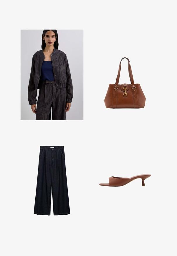 Dunkel gemusterte Bomberjacke mit Rundhalsausschnitt, Knopfverschluss und gerippten Bündchen, kombiniert mit einem navyblauen, figurbetonten Tanktop.; Schwarze Baumwoll-T-Shirts in lockerer Passform, mit kurzen Ärmeln und rundem Halsausschnitt. Zwei Stücke gezeigt, mit glatter Textur.; Dunkelblaue, weite High-Waist-Hosen aus Denim mit einem Knopfverschluss vorne, zwei Seitentaschen und Nähdetails.; Braune offene Absatzmules mit glatter, matter Oberfläche, die ein geschwungenes Design und einen transparenten, verjüngten Absatz aufweisen.; Braune Lederhandtasche mit doppelt tragegriffen, runder Form, goldenen Beschlägen und einem zentralen Schnallen-Detail. Glatte Textur mit genähten Akzenten.
