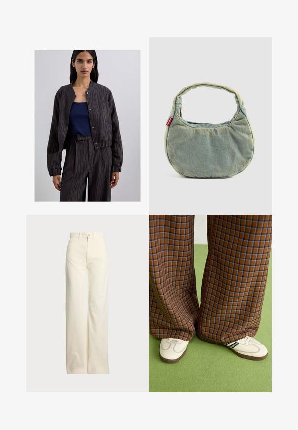 Chaqueta bomber de patrón oscuro con cuello redondo, cierre de botones y puños de canalé, combinada con una blusa de tirantes ajustada en color navy.; Camiseta de algodón blanca con mangas cortas, con un logotipo bordado en negro que dice "POLO" en el frente. Diseño simple y cuadrado.; Polo Ralph Lauren COTTON CORDUROY WIDE-LEG PANT - Pantalones - warm white; Pantalones de pata de elefante de cuadros marrones y azules combinados con zapatos blancos con detalles en negro y suelas texturizadas, sobre un fondo verde.; Bolso de denim azul claro con un asa corta acolchada y una pequeña etiqueta roja de Levi's en el lateral, situado sobre un fondo liso.