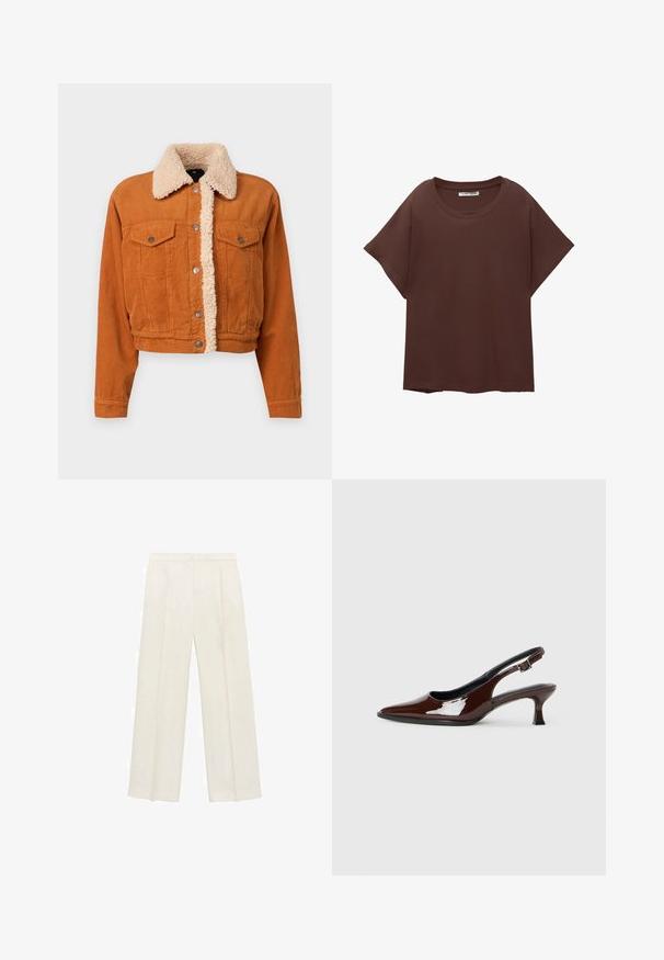 Kordjasje in verbrande oranje met een faux shearling kraag. Voorzien van twee met knopen gesloten borstzakken en metalen knoopsluitingen. Verkorte stijl.; Bruine oversized t-shirt van katoen, met een ronde hals, korte mouwen en een ontspannen pasvorm. Gladde textuur zonder zichtbare patronen.; Wijdgevallen broeken in een lichtcrème kleur. Gemaakt van een zachte stof met plooien aan de voorkant en zijzakken.; Bruine gepatineerde leren slingback-schoen met een spitse neus en een gematigd hakje. Voorzien van een gespsluiting voor een veilige pasvorm. Glad van textuur.