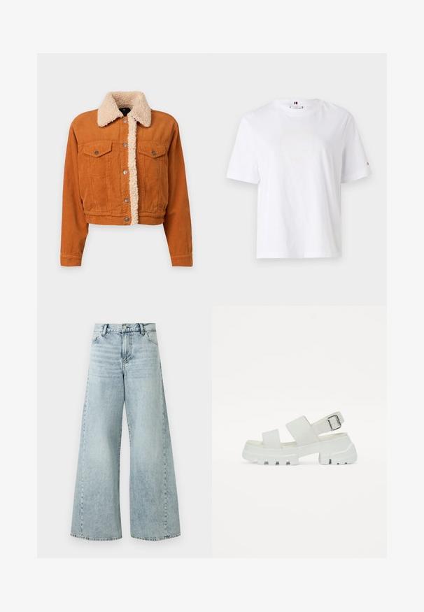 Chaqueta de pana en naranja tostado con un cuello de shearling sintético. Cuenta con dos bolsillos en el pecho con botón y cierres de botón metálico. Diseño corto.; Camiseta de algodón blanca con cuello redondo, mangas cortas y un discreto diseño de logo amarillo que dice "HILFIGER NEW YORK 1985." Corte estándar.; Jeans de mezclilla de tiro alto en azul claro, de pierna ancha, con cierre de botón, cinco bolsillos y detalles en el dobladillo deshilachado.; Sandalias blancas con suela gruesa, que presentan dos correas anchas y un detalle de hebilla en la correa del tobillo. Textura suave, diseño minimalista.