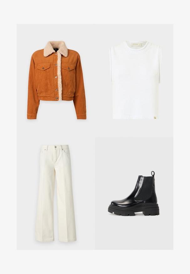 Kahvi takki poltettulla oranssilta, jossa on tekoturkis kaulus. Varustettu kahdella napitstellulla rintataskulla ja metallinappikiinnityksellä. Lyhyt malli.; Valkoinen hihaton neulepaita, jossa on pyöreä pääntie, ribattu helma ja sivusaumadetaljit; varustettu pienellä merkkitagilla alaosassa.; Valkoiset leveät farkut, jotka on valmistettu puuvillasekoitteesta. Ominaisuuksina vetoketjuluukku, viisi taskua ja ompeleet saumoissa.; Mustat nahkaiset nilkkurit, joissa on tyylikäs muotoilu, joustavat sivupaneelit ja paksu musta pohja. Takana on vetoketju, joka helpottaa pukemista.