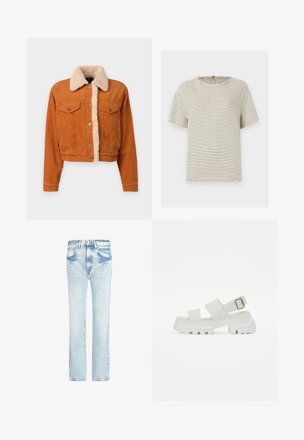 Veste en velours côtelé couleur orange brûlé avec un col en fausse fourrure. Dispose de deux poches poitrine à bouton et de fermetures à boutons en métal. Design court.; T-shirt à manches courtes rayé en crème avec des rayures horizontales noires. Présente un col rond et une coupe décontractée. Fabriqué en tissu doux.; Jeans en denim bleu clair avec un design à jambe droite, cinq poches et une texture délavée. Présente des coutures visibles et une fermeture à bouton classique.; Sandales blanches avec une semelle épaisse, comportant deux larges sangles et un détail de boucle sur la sangle de la cheville. Texture lisse, design minimaliste.