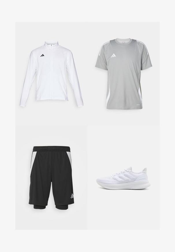 Biała sportowa kurtka z długimi rękawami, wysokim kołnierzem i pełnym zamkiem błyskawicznym. Posiada czarną logo z trzema paskami po lewej stronie u góry.; Jasnoszara koszulka sportowa z krótkim rękawem, z białymi akcentami i logo Adidas na lewej piersi. Wykonana z oddychającego materiału.; Czarne spodenki sportowe z lekkiego materiału, białe boki, elastyczny pasek w talii i odblaskowy detal logo w lewym dolnym rogu.; Białe buty sportowe z teksturowaną siateczką na cholewce, wspierającą wyściółką i trzema paskami po boku.