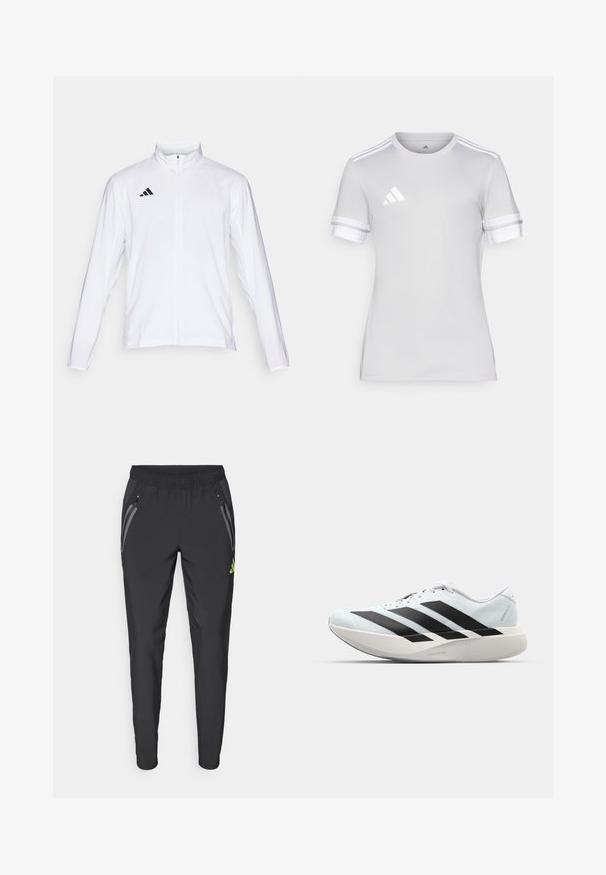 Veste de sport blanche à manches longues, col haut et fermeture éclair sur toute la longueur. Présente un logo noir à trois bandes sur le côté supérieur gauche.; T-shirt de sport à manches courtes, en tissu gris clair, col rond, accents blancs à trois bandes sur les manches, petit logo réfléchissant sur la poitrine.; adidas Performance REAL MADRID TIRO25 PRO VIS TECH TRAVEL PANT - Article de supporter d'équipe de club - black/lucid lemon; Baskets de course légères en bleu pâle avec des rayures noires. Elles présentent un dessus lisse, un embout rond et une semelle intermédiaire blanche épaisse étiquetée "LIGHTSTRIKE PRO".