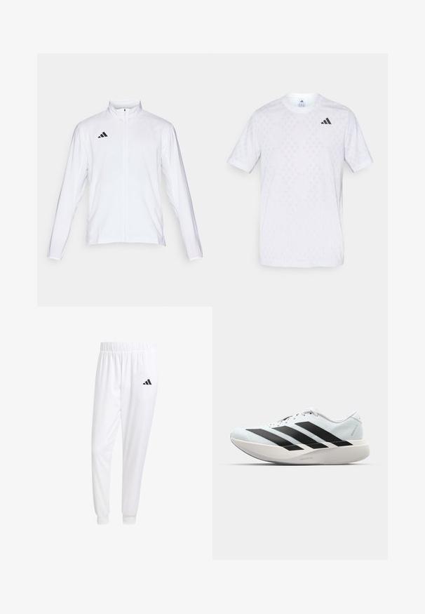 Hvit sportsjakke med lange ermer, høy krage og hel glidelås. Har svart tre-stripes logo på øvre venstre side.; Hvit t-skjorte med korte ermer som har et subtilt diamantmønster, laget av lett stoff, med en svart adidas-logo på brystet.; Hvite treningsbukser laget av glatt stoff, med elastisk midje og tettsittende mansjetter, med en svart logo på baklommen.; Lette løpesko i lys blå med svarte striper. Har en myk overdel, rund tå og tykk hvit mellomsole merket "LIGHTSTRIKE PRO."