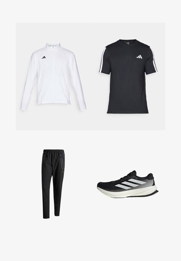 Giacca atletica bianca con maniche lunghe, colletto alto e zip lungo. Presenta il logo nero a tre strisce sul lato sinistro superiore.; T-shirt nera in cotone a maniche corte, con strisce bianche sulle spalle e un logo bianco sul petto sinistro.; Pantaloni sportivi neri con vita elastica, due tasche laterali con cerniera, gambe affusolate e un sottile dettaglio del logo sull'anca.; Scarpa sportiva nera con design in rete, caratterizzata da strisce bianche, punta arrotondata e suola testurizzata per aderenza e supporto.