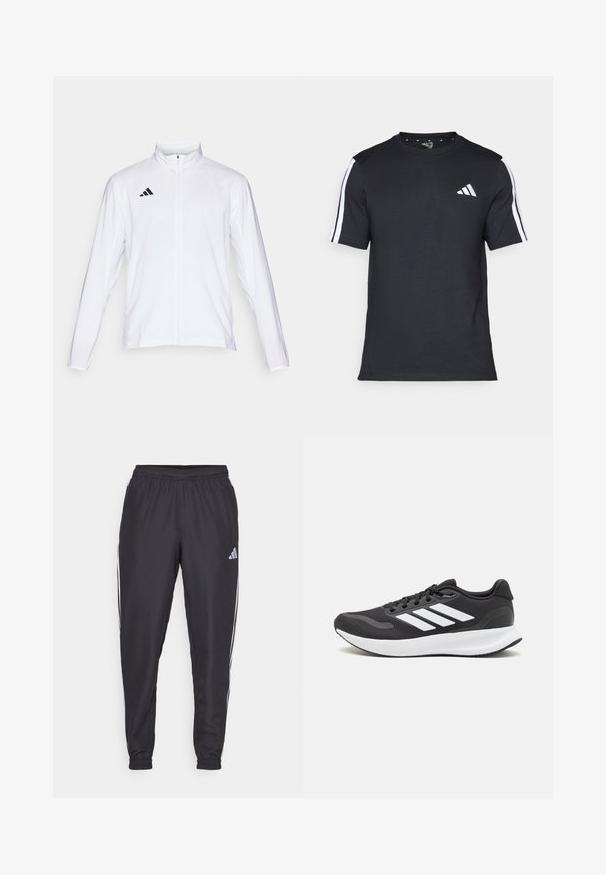 Weiße Sportjacke mit langen Ärmeln, hohem Kragen und durchgehendem Reißverschluss. Mit schwarzem Drei-Streifen-Logo auf der oberen linken Seite.; Schwarzes T-Shirt aus Baumwolle mit kurzen Ärmeln, ausgestattet mit weißen Streifen auf den Schultern und einem weißen Logo auf der linken Brust.; Schwarze Sporthosen mit elastischem Bund, mit weißen Streifen an den Seiten und einem kleinen Logo an der Hüfte. Glatte Textur.; Schwarzer Sportschuh mit atmungsaktivem Mesh-Obermaterial, weißen Akzenten und einer gepolsterten Sohle. Mit drei Streifen-Logo an der Seite.