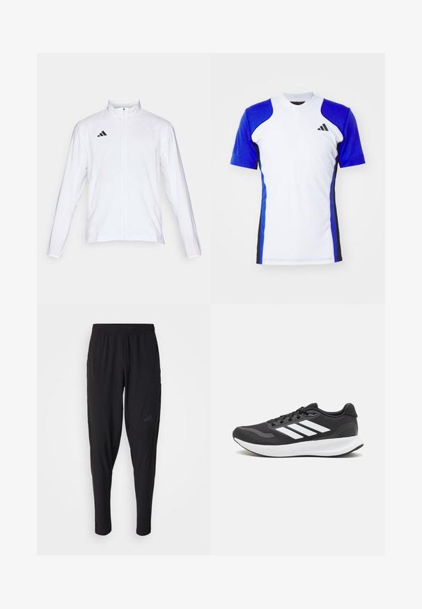 Veste de sport blanche à manches longues, col haut et fermeture éclair sur toute la longueur. Présente un logo noir à trois bandes sur le côté supérieur gauche.; T-shirt de sport à manches courtes en blanc avec des manches bleues, avec des accents latéraux noirs et un petit logo noir sur la poitrine. Finition en tissu lisse.; Pantalons de sport noirs avec une taille élastique, design fuselé, poches latérales et détail de logo subtil. Fabriqués en tissu flexible et respirant.; Baskets de sport noires avec tige en mesh respirant, accents blancs et semelle rembourrée. Présente le logo à trois bandes sur le côté.