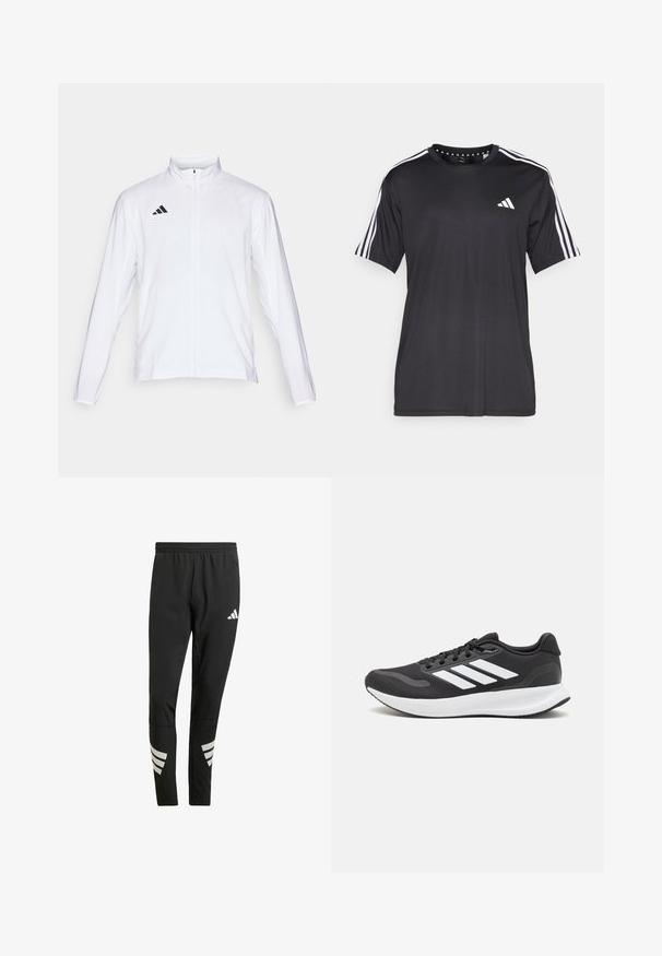 Balta sporta jaka ar garām piedurknēm, augstu apkakli un pilna garuma rāvējslēdzēju. Uz augšējās kreisās puses ir melna trīslīniju logo.; Melna īsām piedurknēm t-krekls ar baltu trīs svītru dizainu uz pleciem un logotipu uz krūškurvja. Izgatavots no elpojoša auduma, gluda tekstūra.; Melnas sporta bikses ar elastīgu jostu, kas aprīkotas ar atstarojošiem baltiem akcentiem svītru rakstā apakšējās daļās. Izgatavotas no gludas auduma.; Melnas sporta kurpes ar elpojošu acs augšu, baltām akcentiem un mīkstu zoli. Sānā ir trīs svītru logo.