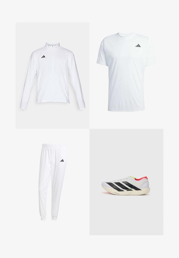 Veste de sport blanche à manches longues, col haut et fermeture éclair sur toute la longueur. Présente un logo noir à trois bandes sur le côté supérieur gauche.; T-shirt de sport blanc à manches courtes en tissu léger, avec un logo Adidas noir sur le haut à gauche de la poitrine.; Pantalons de sport blancs en tissu lisse, dotés d'une taille élastique et de poignets ajustés, avec un logo noir sur la poche arrière.; Baskets de course blanches avec des rayures noires, des accents vert fluo et un talon rouge. Caractérisées par un design léger et une semelle texturée pour une meilleure adhérence.