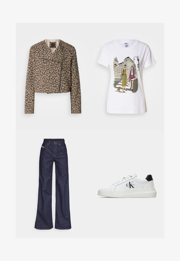 Pasukta dviratininko striukė iš tekstūruotos tan spalvos medžiagos su juodu leopardiniu raštu. Yra įstrižas užtrauktukas, įpjovos apykaklė ir dvi šoninės kišenės.; Baltos medvilnės marškinėliai su spausdinta iliustracija, kurioje pavaizduotos dvi moterys urbanistiniais mados stiliais su šunimi perėjimo zonoje ir miesto pastatai.; Tamsiai mėlynos plačios kojų džinsinės kelnės iš denimo audinio su aukštu liemeniu, su oranžinėmis siūlėmis, penkių kišenių dizainu ir sagčių užsegimu.; Balti žemakulniai bateliai su juodu kulno dangteliu, platformos padu, raišteliais ir Calvin Klein "CK" logotipu šone.