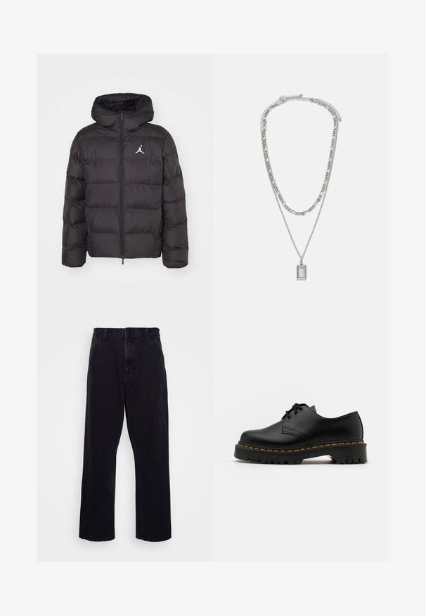 Black puffer jacket with a hood, featuring a front zipper, quilted design, and a white Jordan logo on the left chest. Soft texture.; Black long-sleeve t-shirt made of cotton, featuring a round neckline and straight cut, with a small logo detail on the sleeve.; Black denim trousers with a straight leg design, featuring a button and zip closure, belt loops, and minimal stitching details.; Black leather lace-up shoe with a rounded toe, textured rubber sole, and yellow stitching around the base. Flat design and smooth finish.; Silver necklace with two layered chains; features a rectangular pendant with a smooth surface, showcasing a polished metal finish.