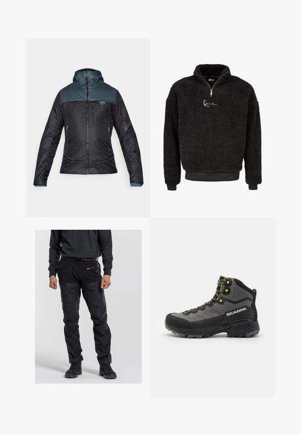 Giacca impermeabile nera con sezione superiore blu, chiusura frontale con zip e cappuccio. Caratteristiche includono cuciture visibili, tasche con zip e marchio.; Pullover in pile nero con mezza zip frontale e colletto alto. Presenta un logo ricamato d'oro e polsini e orlo a coste. Finitura morbida e testurizzata.; Pantaloni neri da esterno realizzati in tessuto resistente, con molteplici tasche con zip, una superficie strutturata e zone del ginocchio rinforzate. Indossati con calzature scure.; Scarponcino da trekking nero e grigio con tessuto testurizzato, accenti gialli brillanti, punta rinforzata e suola in gomma con profonde scanalature per una migliore aderenza.
