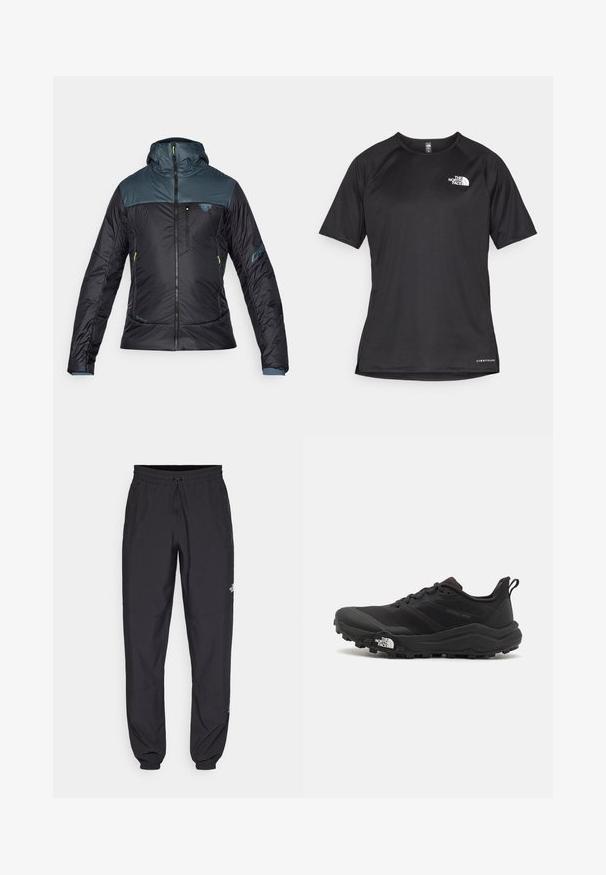 Mustal töötlemata jakk sinise ülemise osaga, lukuga ees ja kapuutsiga. Omadusteks on nähtavad õmblused, lukuga taskud ja brändimine.; Must mustreening, lühikeste varrukatega sportpoliis, millel on tekstuuriga kangas, valge logo vasakul rinnal ja sirge äär.; Mustavad sportlikud püksid, mis on valmistatud kergest kangast, joonlauaga taljest, küljetaskudega ja kitsenevate varrukatega pahkluude juures.; Must tume jooksujalats musta värvi, tekstuurse ülemise osaga, kummist tallaga ja tugevdatud varbaga. Omab pehmendusega krae ja tõmblinti mugavaks selga panemiseks.