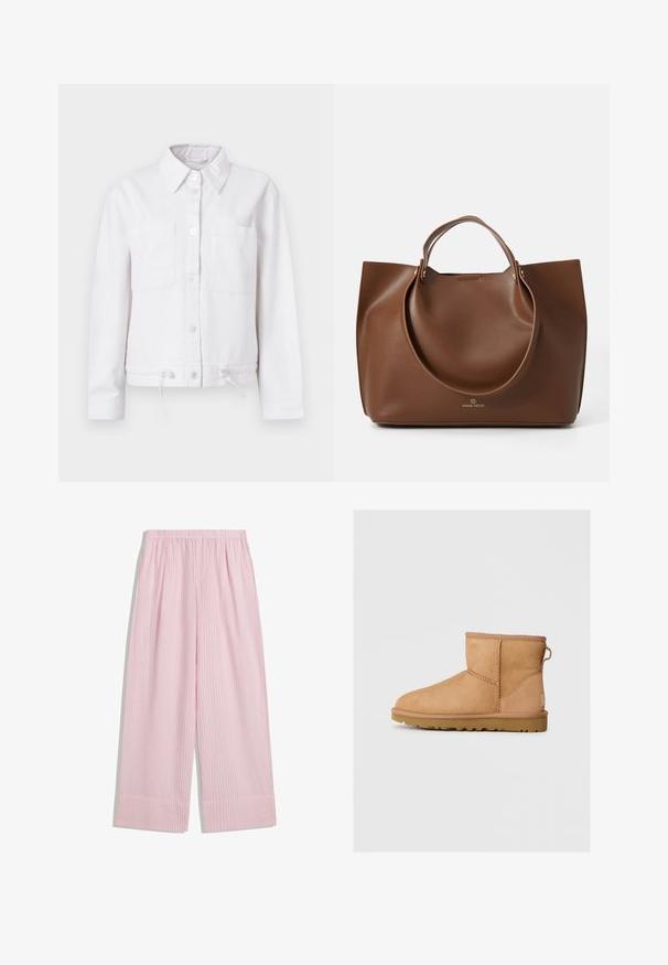Biała bawełniana kurtka z długimi rękawami, z przodem zapinanym na guziki, dwoma kieszeniami na piersi oraz regulowanym ściągaczem u dołu. Gładka tekstura, z kołnierzykiem.; Kremowy sweter dzianinowy z odkrytymi ramionami, o prążkowanej strukturze, zestawiony z czarną zamszową spódnicą o wysokim stanie, z paskiem i bocznymi akcentami.; Różowe, paskowane spodnie o szerokich nogawkach z elastycznym pasem, charakteryzujące się teksturowanym materiałem i lekko rozszerzanym dołem.; Beżowe zamszowe botki za kostkę z okrągłym noskiem, przeszyciami, z pętelką z tyłu i teksturowaną gumową podeszwą. Zaprojektowane z myślą o komforcie i ciepłocie.; Brązowa skórzana torebka z gładką teksturą, dużymi okrągłymi uchwytami, charakteryzująca się minimalistycznym wzornictwem i wytłoczonym logo u podstawy.