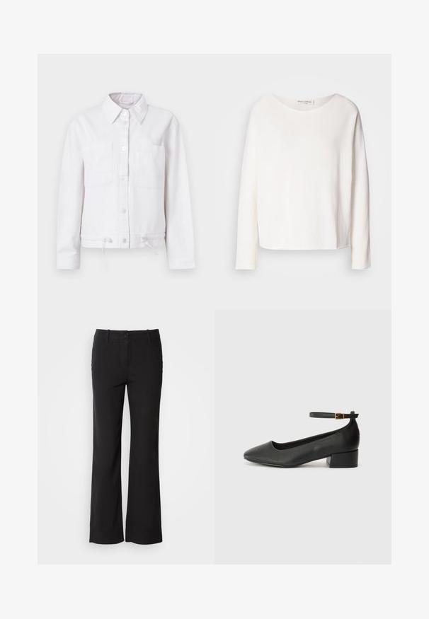 Chaqueta de algodón blanca con mangas largas, cierre frontal de botones, dos bolsillos en el pecho y cordón ajustable en el dobladillo. Textura suave, diseño con cuello.; Blusa de manga larga y cuello redondo en suave y ligera tela blanca con un corte holgado. Presenta un dobladillo limpio y sin herrajes visibles.; Pantalones de mezcla de algodón negros con un diseño de pierna recta, cierre frontal de botón y dos bolsillos laterales. Textura suave, sin patrones visibles.; Zapato de tacón negro de cuero con punta afilada y tacón bajo cuadrado. Presenta una correa para el tobillo con una hebilla en tono dorado. Textura suave.