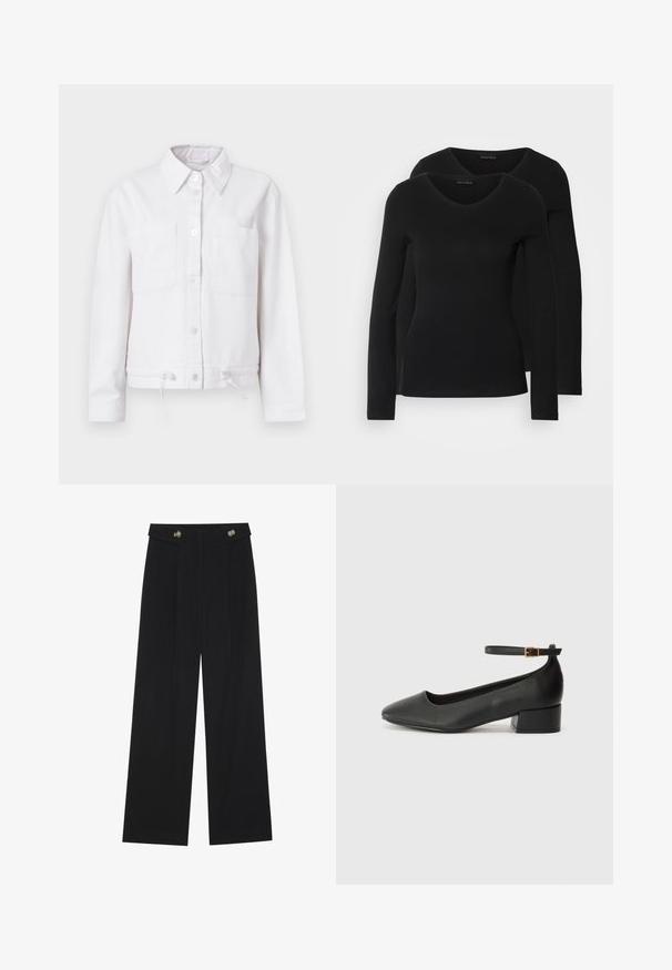 Valge puuvillane jakk pika varrukaga, nööpide ees, kaks rinnataskut ja reguleeritav nöör allääres. Sile tekstuur, kraedisuunaga disain.; Kaks musta pika varrukaga särk, millel on V-kaelus ja mis on valmistatud pehmest ja venivast kangast, millel on sile tekstuur ja sobiv kuju.; Mustad laiad püksid kõrge vöökoha ja nööpdetailidega vööandil, esikortsudega.; Must mustaapp, millel on terav nina ja madal blokk-kand. Omab pahkluu rihma koos kuldse tooni pandlaga. Sile tekstuur.