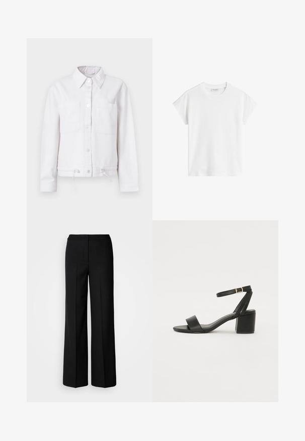 Witte katoenen jas met lange mouwen, knoopsluiting aan de voorkant, twee borstzakken en verstelbare trekkoord aan de onderrand. Gladde textuur, met kraag ontwerp.; Witte korte mouwen t-shirt van katoen. Heeft een ontspannen pasvorm met een ronde hals en iets verlaagde schoudernaden. Geen patronen of accenten.; Zwarte wijde broek van een gladde stof, met een hoge taille, nauwkeurig gestikte naden en een minimalistisch ontwerp. Geen zichtbare hardware of zakken.; Zwarte hoge sandaal met een soepel leren bovenkant, een open teen, brede voorkruisbanden en een verstelbare enkelband met een gouden gespdetail.