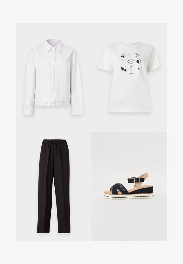Hvit bomullsjakke med lange ermer, knappelukking foran, to brystlommer og justerbar snøring i sømmen. Glatt tekstur, krage-design.; Hvit bomull t-skjorte med et trykt design av blomster og hjerter i marineblått og grått. Rund hals og korte ermer, avslappet passform.; Svarte, vide bukser med elastisk midje og justerbar snor. Laget av et glatt, lett stoff uten synlige mønstre.; Mørkeblå sandal med to tekstilstropper, justerbar ankelrem og strukturert beige bakdel. Tykk, hvit såle med bølgete kant. Merket trykt på stroppen.