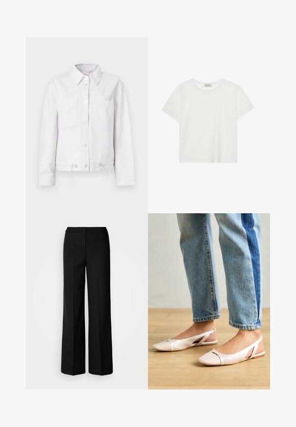 Witte katoenen jas met lange mouwen, knoopsluiting aan de voorkant, twee borstzakken en verstelbare trekkoord aan de onderrand. Gladde textuur, met kraag ontwerp.; Witte T-shirt met korte mouwen, gemaakt van zachte katoen. Heeft een ronde halslijn en een relaxte pasvorm. Schoon ontwerp zonder zichtbare patronen of accenten.; Zwarte wijde broek van een gladde stof, met een hoge taille, nauwkeurig gestikte naden en een minimalistisch ontwerp. Geen zichtbare hardware of zakken.; Zachtroze slingback ballerina's met een spitse neus, gemaakt van een glad leerachtig materiaal. Bevat uitsnijdingen aan de zijkanten en heeft een platte hak.