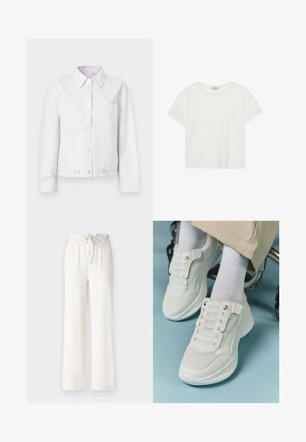 Jachetă albă din bumbac, cu mâneci lungi, închidere cu butoane pe față, două buzunare pe piept și șnur ajustabil la tiv. Textură netedă, design cu guler.; Tricou alb cu mânecă scurtă, made din bumbac moale. Are un guler rotund și o croială lejeră. Design curat, fără modele sau accente vizibile.; Pantaloni albi cu picioare largi, confecționați dintr-un material moale, având un brâu cu șnur și o textură netedă. Fără modele sau embellishments vizibile.; Adidași albi cu un material din plasă, talpă din cauciuc, design fără șireturi cu benzi elastice și accente aurii.