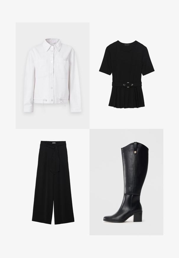Weißer Baumwolljacke mit langen Ärmeln, Knopfleiste, zwei Brusttaschen und verstellbarem Kordelzug am Saum. Glatte Textur, mit Kragen.; Schwarzes Kurzarmoberteil aus glattem Material, mit einem Peplum-Design und einem taillierten Bund, der mit zwei runden, silberfarbenen Knöpfen ausgestattet ist.; Schwarze weite Hosen aus strukturiertem Stoff, mit elastischem Bund und einem abnehmbaren Bindegürtel in der Taille für eine verstellbare Passform.; Schwarze knielange Lederstiefel mit einer quadratischen Spitze und Blockabsatz. Enthält eine Seitennaht und eine dekorative Metallakzent oben.