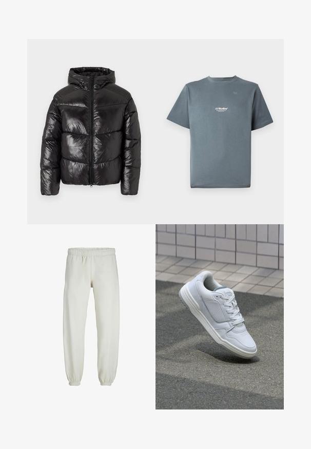 Sort pufferjakke med en blank finish, lynlås foran, hætte og quiltet design med udtalte vandrette sektioner.; Grå bomulds T-shirt med rund halsudskæring, korte ærmer og et lille hvidt "JJ Studios" logo på brystet. Glat tekstur og afslappet pasform.; Hvide sweatpants lavet af blødt stof, med elastisk talje og håndled, der har en glat tekstur og løs pasform.; Hvide lædersneakers med perforerede sider, teksturerede detaljer, flade snørebånd og en kontrasterende grå hæl. Har en let forhøjet sål.