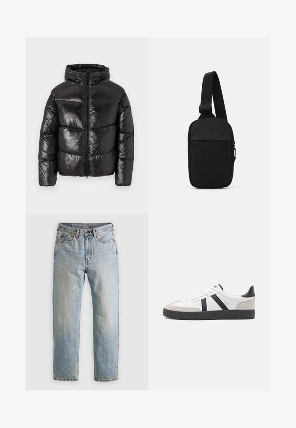 Black puffer jacket with a glossy finish, zip front, hood, and quilted design featuring distinct horizontal sections.; Brown knitted pullover with a polo collar, three buttons at the neck, and long sleeves. Soft texture, ribbed cuffs, and hem.; Light blue denim jeans with high waist, front button, zipper, and five-pocket design, laid flat on a neutral background.; White sneaker with black and gray accents, featuring a textured gray toe cap, black rubber sole, and flat white laces. Clean design, minimalist style.; Black crossbody bag made of durable fabric, featuring a single adjustable strap, a zippered main compartment, and a front pocket.