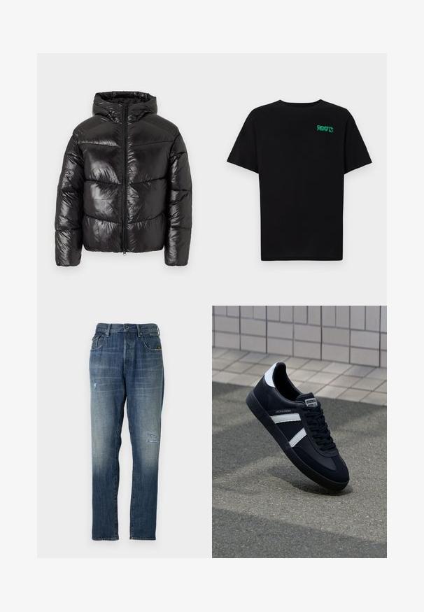 Black puffer jacket with a glossy finish, zip front, hood, and quilted design featuring distinct horizontal sections.; Black t-shirt made of cotton with short sleeves. Features a green "ROOTS" logo on the front, round neckline, and standard fit.; Denim jeans featuring a faded blue color, a straight leg design, moderate distressing on the front, and a classic five-pocket style.; Black leather sneaker with white stripes, textured rubber sole, and lace-up front. Features a branded label on the tongue.