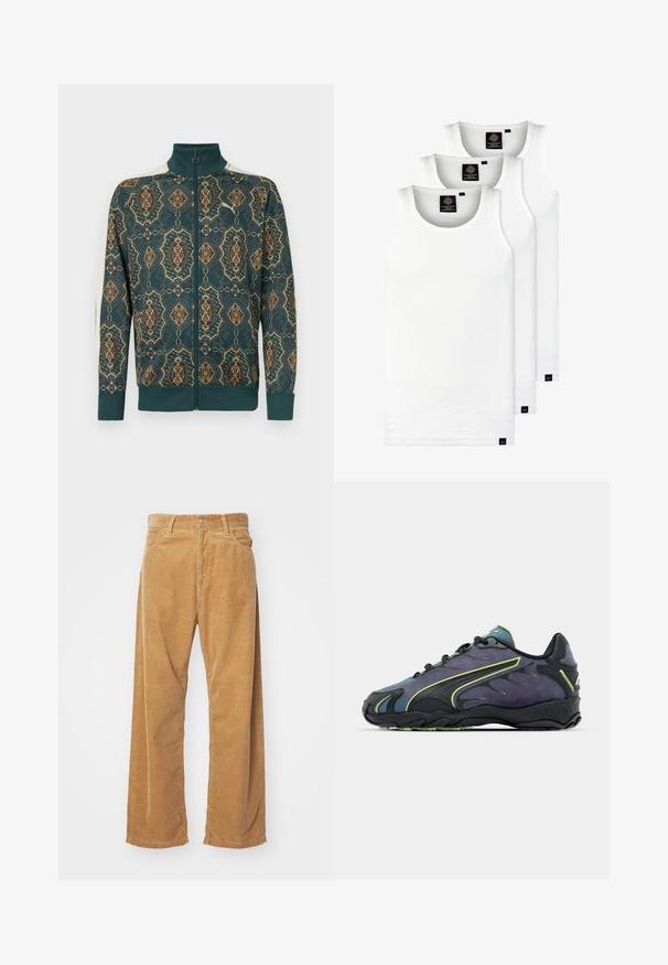 Ritsjack met een donker turquoise basis en intrikate gouden en oranje bloemenpatronen. Ribgebreide manchetten en kraag, zachte stoftextuur.; Drie witte geribde tanktops van katoen. Kenmerken zijn een ronde hals en kleine zwarte labels nabij de zoom. Verkrijgbaar in meerdere maten.; Corduroy wijde broek in een tan kleur. Kenmerkt zich door geprofileerde, verticale ribbels, met een standaard tailleband en twee voorzakken.; Zwarte en paarse sportschoenen met een textuur bovenmateriaal, groene accenten en een rubberen zool met een golvend ontwerp. Vetersluiting.