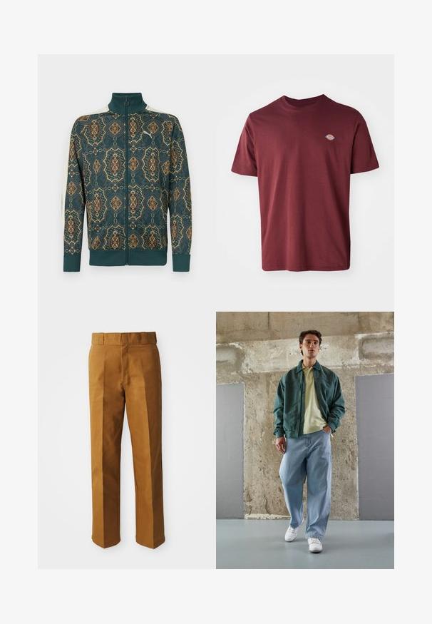 Zip-up jacket featuring a dark teal base with intricate gold and orange floral patterns. Ribbed cuffs and collar, soft fabric texture.; Burgundy cotton t-shirt with a crew neckline, short sleeves, and a small circular brand logo embroidered on the left chest.; Brown, tailored trousers with a smooth texture, featuring a straight leg design, pleats at the front, and a standard waistband.; Green bomber jacket over a light yellow polo, paired with loose blue jeans and white sneakers. Smooth fabrics, relaxed fit, minimal hardware.