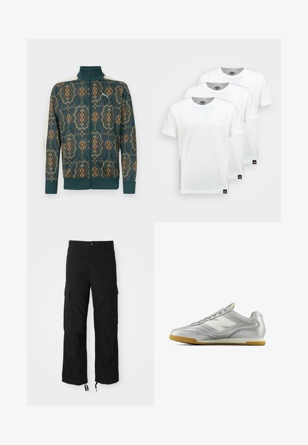 Giacca zip-up con una base verde scuro e intricate fantasie floreali dorate e arancioni. Polsini e colletto a costine, tessuto morbido.; Tre magliette di cotone bianche semplici con maniche corte. Ogni maglietta presenta un collo rotondo e un piccolo etichetta logo nera sul lato sinistro.; Pantaloni cargo neri realizzati in tessuto resistente, dotati di due tasche laterali, chiusura con bottone e orli regolabili per una vestibilità ampia e comoda.; Scarpa sportiva argentata con una superficie liscia e lucida, logo bianco di lato, lacci grigi con texture e suola in gomma.