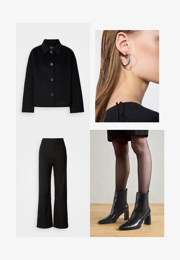 Black button-up jacket with a collar, made from a soft material. Features four front buttons, a boxy shape, and side pockets.; Black tank top made from soft, stretchy fabric. Features a round neckline and wide shoulder straps, with a fitted silhouette and smooth texture.; Black wide-leg trousers with a smooth texture, high waist, and a clean design. No visible pockets or embellishments.; Black leather ankle boots with a pointed toe, chunky square heel, and sleek design. Features elastic side panels for easy wear.; Silver hoop earring with a polished finish, featuring small gold accent details and a round shape, worn on the lobe.