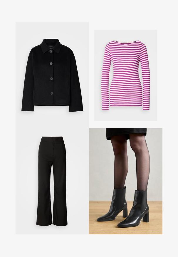 Μαύρο σακάκι με κουμπιά και κολάρο, φτιαγμένο από μαλακό υλικό. Διαθέτει τέσσερα μπροστινά κουμπιά, τετράγωνη σιλουέτα και πλαϊνές τσέπες.; Μακρυμάνικη μπλούζα T-shirt με εφαρμοστή γραμμή, κατασκευασμένη από μαλακό βαμβάκι. Διαθέτει οριζόντιες ροζ και λευκές ρίγες και φαρδύ λαιμό.; Μαύρο παντελόνι σε φαρδιά γραμμή με λεία υφή, ψηλή μέση και καθαρό σχέδιο. Χωρίς εμφανείς τσέπες ή διακοσμητικά στοιχεία.; Μαύρες δερμάτινες μπότες μέχρι τον αστράγαλο με μυτερή μύτη, χοντρό τετράγωνο τακούνι και κομψό σχεδιασμό. Διαθέτουν ελαστικές πάντες στο πλάι για ευκολία στη χρήση.