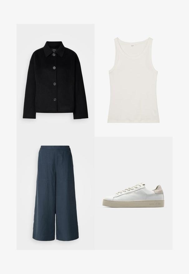 Jachetă neagră cu nasturi, cu guler, confecționată dintr-un material moale. Are patru nasturi frontali, o formă pătrată și buzunare laterale.; Top din bumbac alb, fără mâneci, cu un decolteu larg și bretele subțiri. Textură netedă, fără modele sau embellismente vizibile.; Pantaloni cu picioare largi de culoare bleu marin, dintr-un material ușor. Caracteristici o suprafață ușor texturată, talie elastică și cusături frontale.; Adidași din piele albă cu finisaj neted, accente din suede bej, vârf rotund, design cu șireturi plate și talpă din cauciuc texturat.
