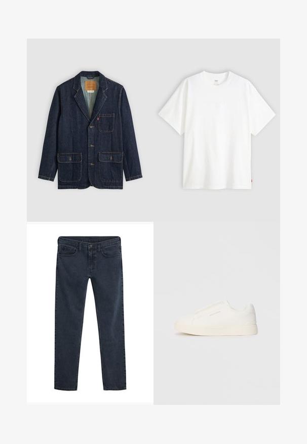 Tume teksast blazer, millel on nurgelised kraed, kolm nuppu, kaks suurt esikotti ja rinnakott. Õmmeldud detailid ja sisekleebis nähtavad.; Valge lühikeste varrukatega puuvillane T-särk, millel on ümmargune kaelus. Ees on peene reljeefse logoga detail ja hemmi peal punane silt.; Tumesinised teksad, kitsas lõige, viie taskuga, nööpidega sulgemine ja kerge kulunud efektiikum kangas.; Valged libisemiskindlad tossud tekstuuriga pinnaga, paksu tallaga ja minimalistikus disainis. Küljel on brändi logo.